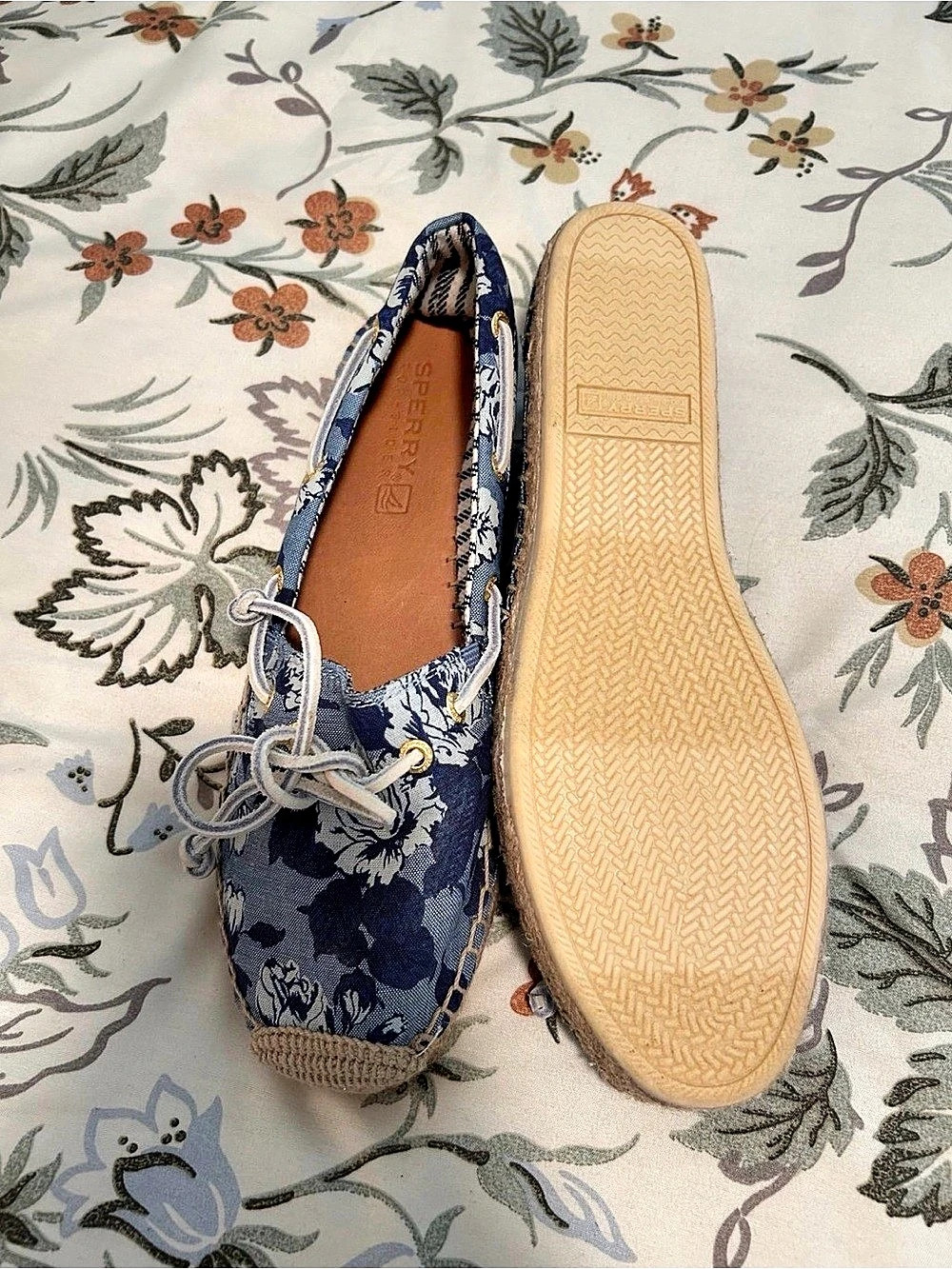 Sperry Katama Floral Espadrille Boat Shoes Blue & White